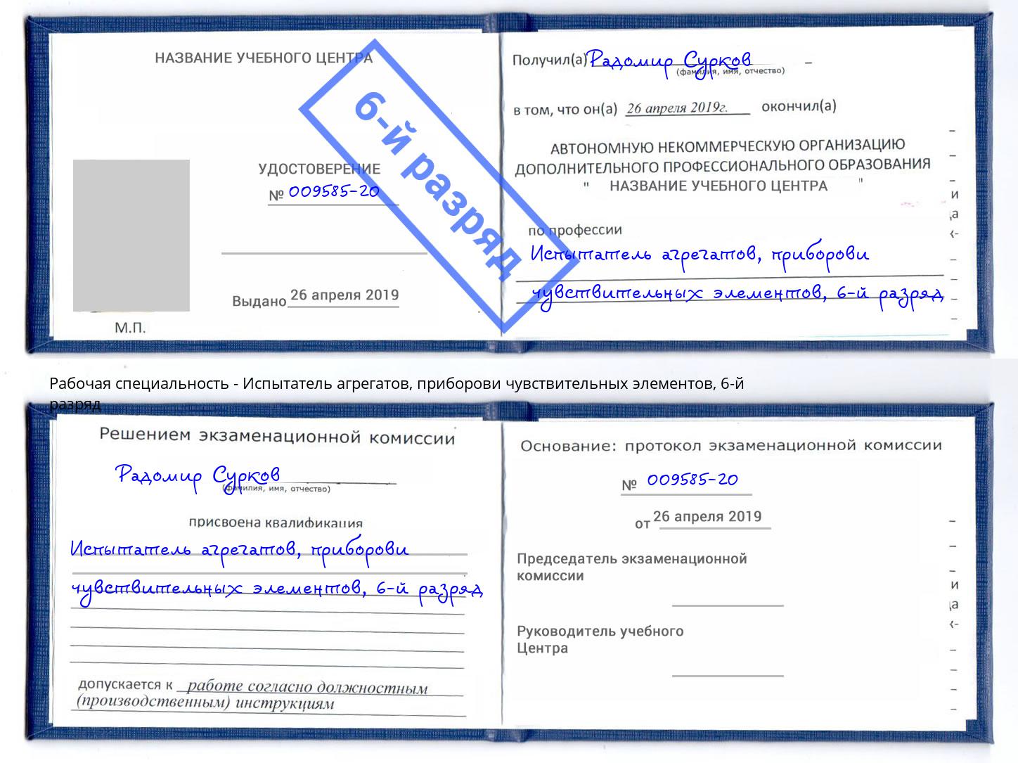 корочка 6-й разряд Испытатель агрегатов, приборови чувствительных элементов Златоуст