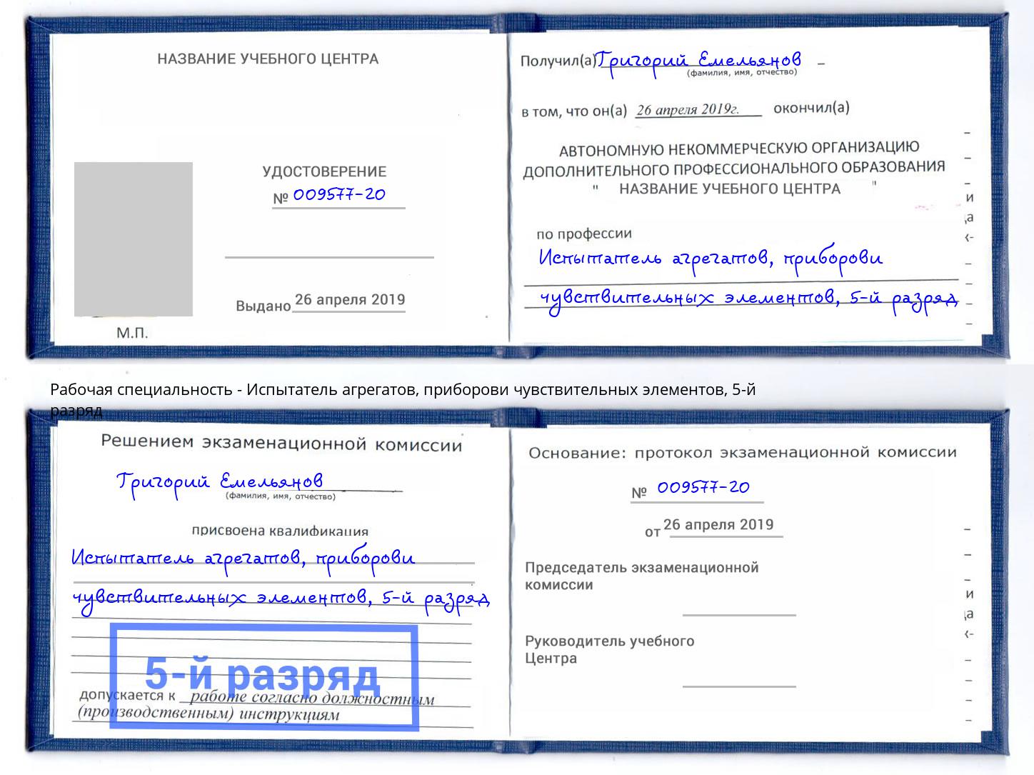 корочка 5-й разряд Испытатель агрегатов, приборови чувствительных элементов Златоуст