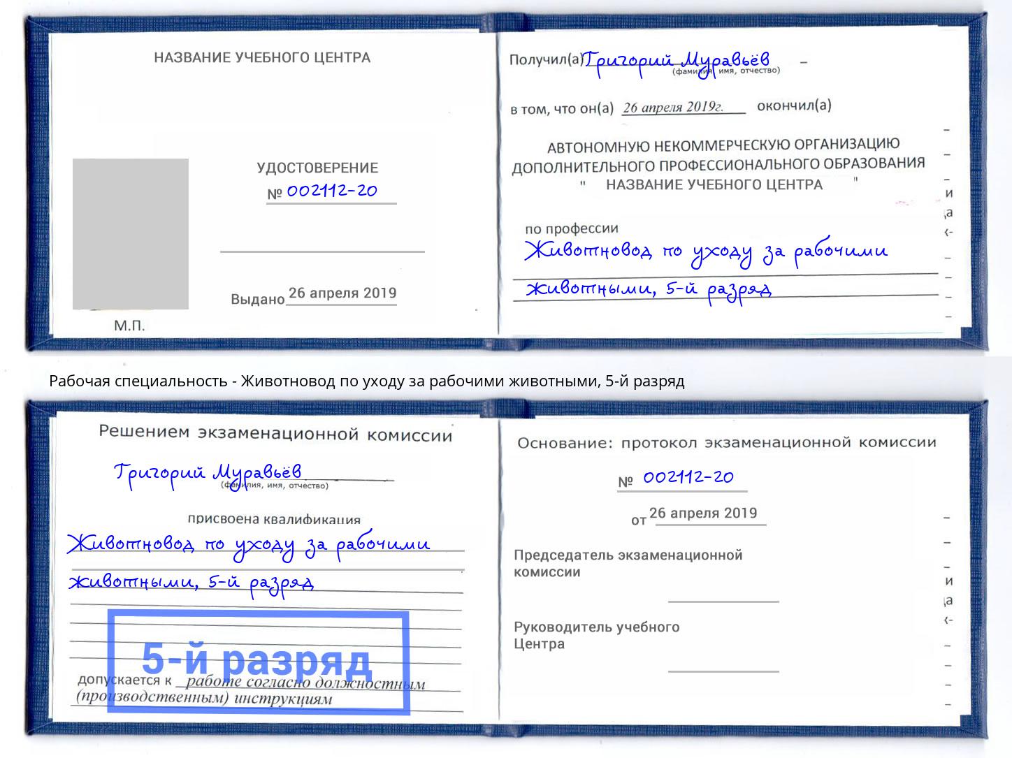 корочка 5-й разряд Животновод по уходу за рабочими животными Златоуст