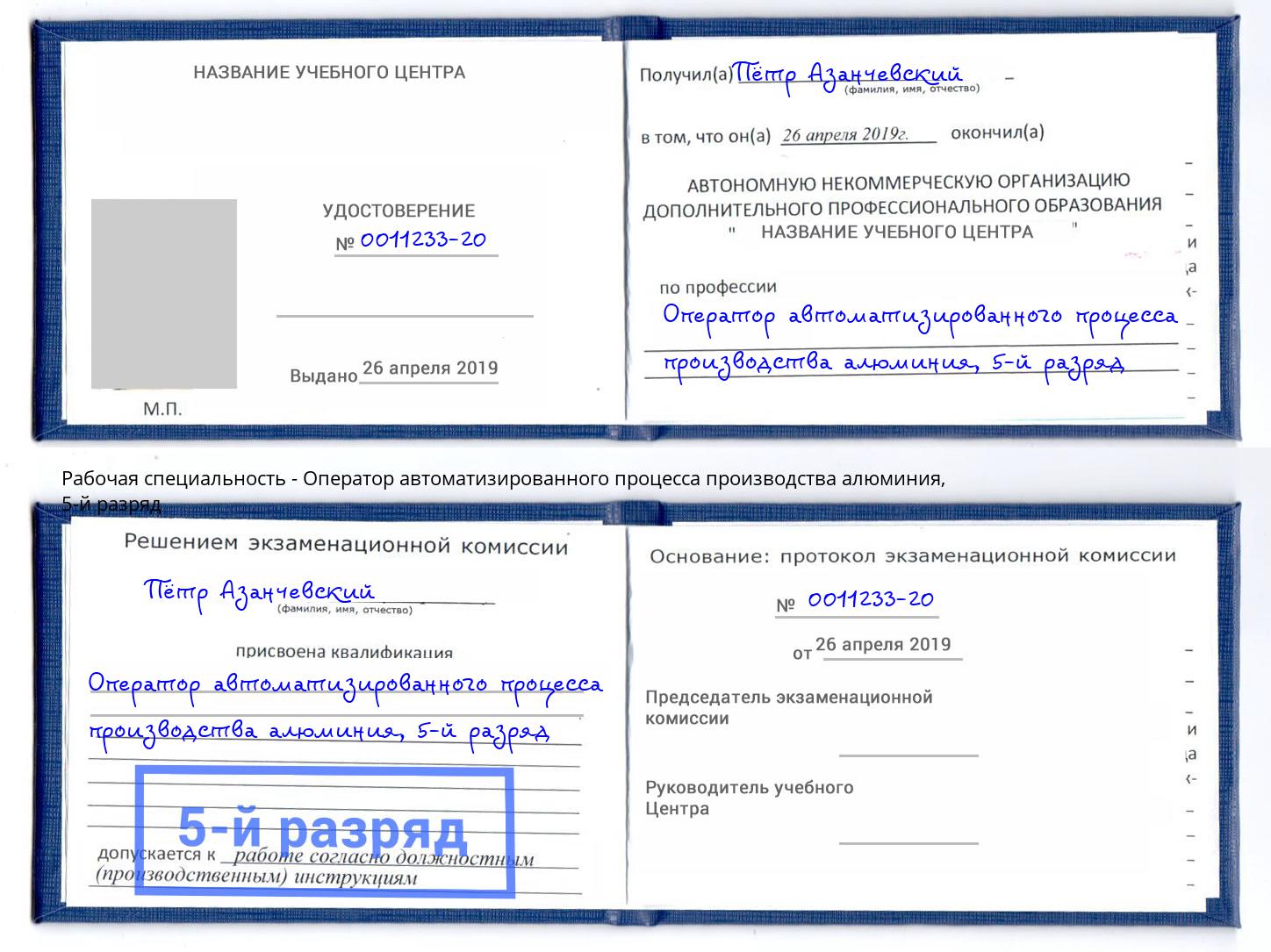 корочка 5-й разряд Оператор автоматизированного процесса производства алюминия Златоуст