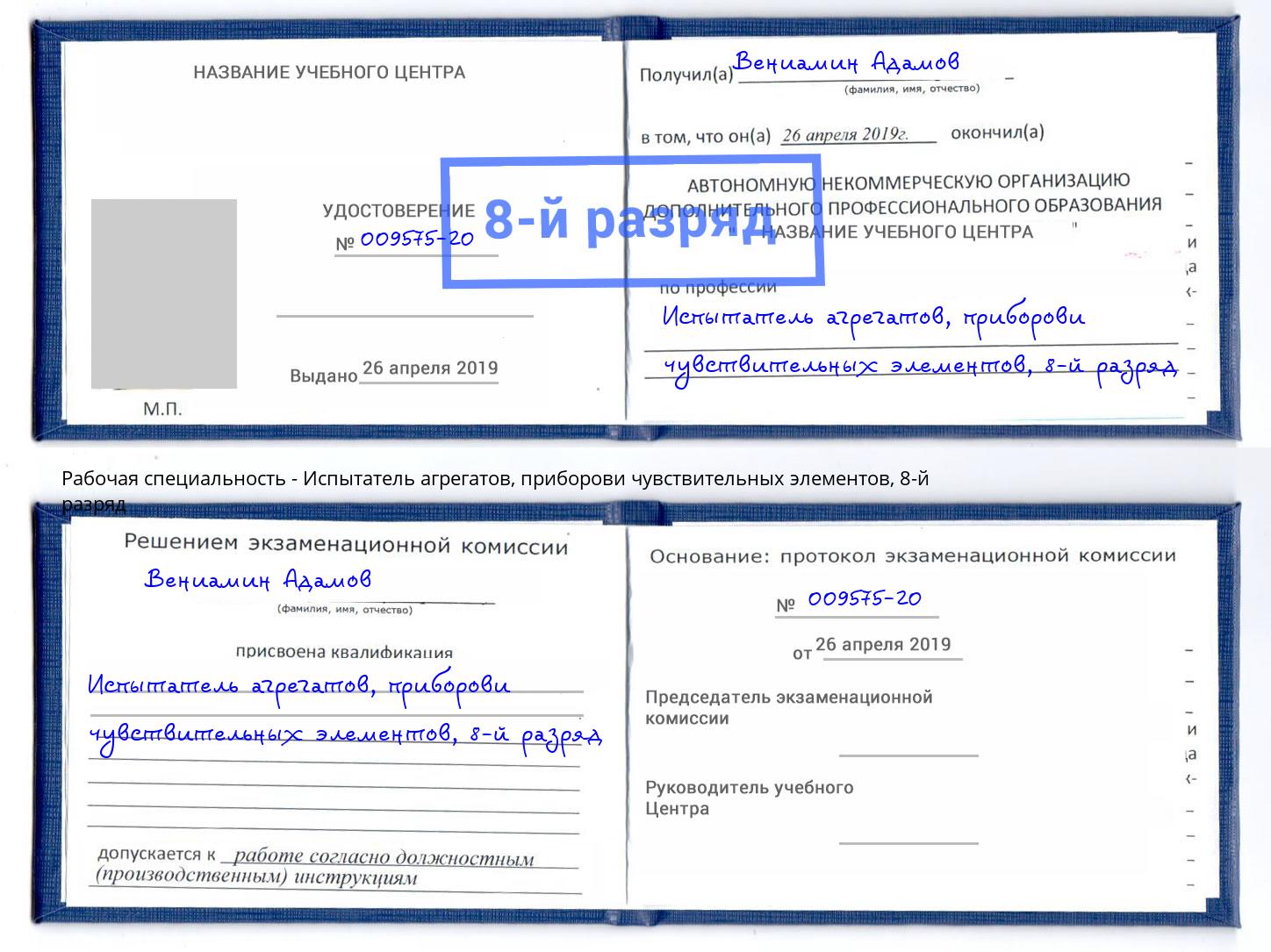 корочка 8-й разряд Испытатель агрегатов, приборови чувствительных элементов Златоуст